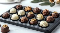 Assorted chocolate truffles with dark, milk and white chocolate coating, decorated with nuts and drizzles arranged on black serving tray. Gourmet confectionery.