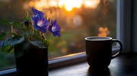 Morning glory flowers in vase and coffee mug on windowsill at sunrise, creating cozy atmosphere with golden sunlight and bokeh background through window.