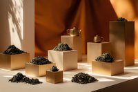 Loose green tea leaves arranged on golden podiums with ceramic cups in warm lighting setup, creating minimalist composition with dramatic shadows and depth.