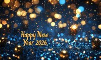 Festive blue and gold bokeh background with glowing sparkles and Happy New Year 2026 text. Magical holiday celebration atmosphere with blurred light effects.