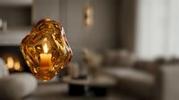 Amber glass hanging lantern with lit candle glowing warmly indoors, creating ambient lighting for home decor, events, and interior design projects.