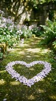 Heart shape made of pink flower petals on mossy garden path, lush green plants in soft bokeh background, romantic outdoor setting.