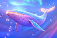 Glowing whale swimming in magical underwater scene with sparkles and bubbles against purple-blue gradient background. Mystical marine artwork.