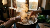 Hands reaching into steaming pot of boiling soup in cozy kitchen with warm light, books, and fresh herbs on counter.