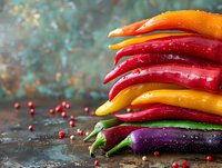 Fresh colorful bell peppers stacked in layers with water drops, purple, red, yellow and orange varieties on rustic background with scattered pomegranate seeds.