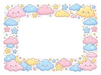 Cute kawaii clouds and stars frame border with smiling faces in pastel colors on white background for baby shower invitations and nursery decor.