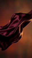 Flowing burgundy silk fabric in motion against warm golden background creating elegant waves and dramatic shadows for luxury fashion and textile design.