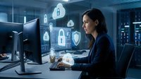 Professional Asian woman cybersecurity analyst working on computer with digital security icons and lock symbols in modern tech office environment.