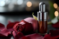 Luxury brown serum dropper bottle with red rose petals against blurred bokeh background, romantic spa and beauty product photography styling.