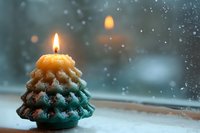 Glowing pine tree shaped candle on snowy windowsill creates cozy winter atmosphere with blurred bokeh lights and falling snow in background.