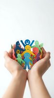 Hands protecting diverse colorful paper people figures representing community support, teamwork, inclusion and social responsibility concepts.