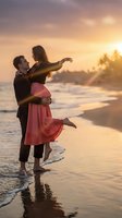 Romantic couple dancing on tropical beach at golden sunset with palm trees and ocean waves creating dreamy atmosphere for wedding or honeymoon celebration.