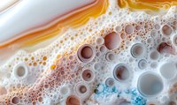 Abstract macro photography of soap bubbles and foam with orange, white, and blue colors creating artistic fluid texture with circular patterns and shapes.