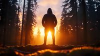 Silhouette of person standing in snowy winter forest during golden sunset, dramatic backlit scene with sun rays filtering through pine trees.