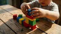 Child hands playing with colorful wooden building blocks on rustic table, developing fine motor skills and creativity through educational toy construction.