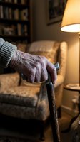Elderly person's wrinkled hand gripping wooden walking cane in cozy living room with warm lamp light and comfortable furniture for mobility support.