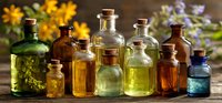 Collection of colorful glass bottles with essential oils and herbal extracts against blurred floral background, showcasing aromatherapy ingredients for natural wellness.