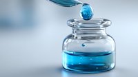 Blue liquid droplet falling from pipette into glass laboratory bottle containing turquoise solution against soft blurred background.