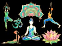 Yoga poses and meditation symbols isolated on transparent background, ready for t-shirts, clipart, stickers, sublimation and print-on-demand designs.