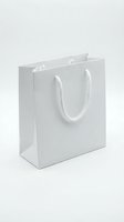 White paper shopping bag with rope handles isolated on white background for retail packaging and branding mockup designs.