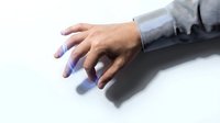 Hand with glowing fingertips touching a white surface, digital energy effect, futuristic technology concept for innovation and science.