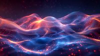 Glowing abstract waves with particles in blue and orange colors against dark background create dynamic flowing motion effect for technology designs.