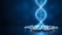 Glowing DNA double helix structure with medical pills and capsules on dark blue background for pharmaceutical research and genetic medicine concepts.
