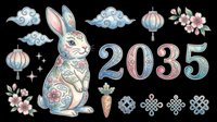Lunar New Year 2035 clipart set with ornate rabbit, lanterns, clouds, cherry blossoms, and endless knot on transparent background, ready for stickers and print on demand.