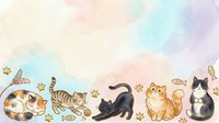 Watercolor illustration of playful cats in various poses with fish and paw prints on soft pastel background, suitable for children's designs and pet-themed projects.
