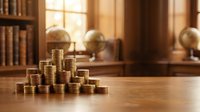 Golden coins stacked on wooden desk in warm library setting with books and globes, representing wealth management and financial planning success.