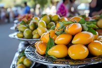 Fresh organic citrus fruits displayed at outdoor farmers market with colorful oranges and limes arranged on decorative metal plates for healthy eating.