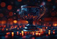 Glowing digital trophy cup with binary code pattern on dark background with bokeh lights and reflective surface creates futuristic sports achievement concept.