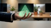 Young adult male hand holding glowing geometric triangle hologram in modern office workspace with plants and computer monitor, representing technology innovation and digital transformation.