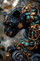 Mystical black panther adorned with ornate golden filigree and turquoise gemstones against dramatic dark background with magical sparkles and swirling smoke effects.