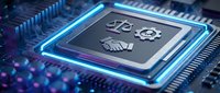 Advanced AI processor chip with glowing blue circuits and gear icons on dark motherboard background for technology and artificial intelligence concepts.