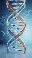 DNA double helix structure with colorful medical capsules and pills integrated into genetic code strands for pharmaceutical research and biotechnology.