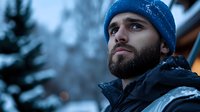 Young bearded Caucasian man in blue winter hat and black jacket looking thoughtfully into distance against snowy evening background, snowflakes falling on dark beard.