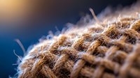 Close-up of natural jute or burlap fabric texture showing woven fibers and threads against blurred blue background, useful for organic design elements.