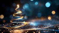 Glowing spiral light trail forming Christmas tree shape against dark blue bokeh background with magical golden sparkles and light effects.