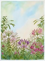 Watercolor botanical frame with pink and purple wildflowers, green foliage against soft sky background for spring greeting cards and nature designs.