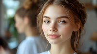 Young woman with braided hairstyle and natural makeup smiling softly in bright indoor setting with blurred background.