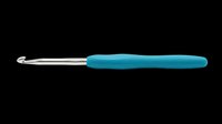 Crochet hook with teal rubber grip handle and silver metal tip, isolated on transparent background, ready for crafting, knitting supply, print on demand, sticker, and clipart use.