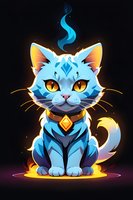 Mystical blue cat with glowing yellow eyes and magical aura, wearing crystal pendant collar. Stylized fantasy feline character on dark background with ethereal flames.