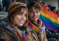 Young diverse couple at pride celebration wearing rainbow accessories and winter clothing, sharing genuine smiles at LGBTQ+ community event. Perfect for inclusivity campaigns.