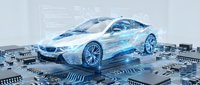 Futuristic electric car with digital wireframe overlay on computer circuit board background representing automotive technology and smart vehicle innovation.