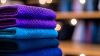 Neatly folded stack of colorful knitted sweaters in purple and blue tones with soft bokeh lights in background, showcasing cozy winter fashion and textile texture.