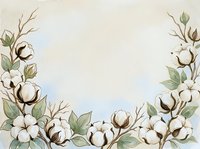 Watercolor cotton flowers frame with soft pastel background, elegant botanical border with fluffy bolls and green leaves for wedding or greeting card.