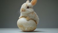 Adorable white dwarf bunny with cream-colored markings sits atop large beige egg against neutral gray background, creating whimsical Easter holiday composition.