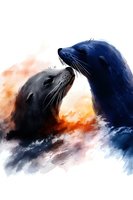 Artistic watercolor style seals in tender moment against orange and blue backdrop, marine mammals showing affection in soft brushstroke technique. For wall art or cards.