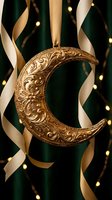 Ornate golden crescent moon ornament with intricate baroque patterns hanging from ribbon against emerald green background with warm bokeh lights for holidays.